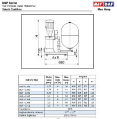 DSP Serisi Tek Pompalı Paket Hidrofor 3000-6 0,75 kW 50Lt (1-2) Kat (0-20) Daire (1¼''-1'')
